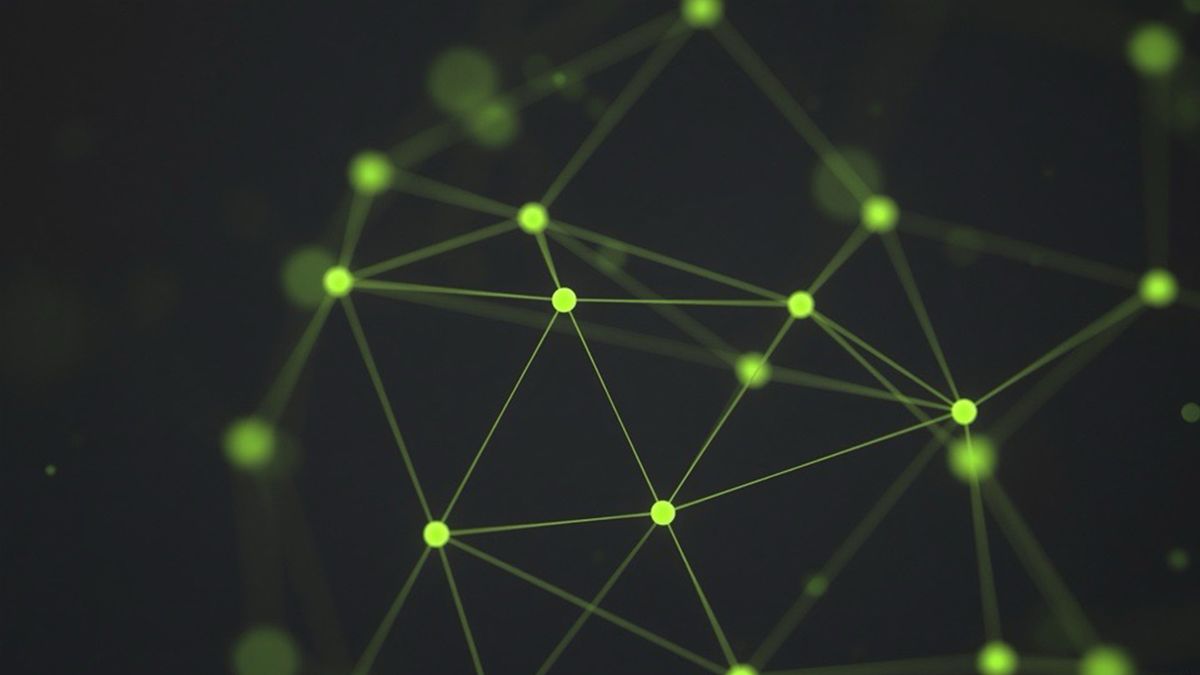 A network of glowing lime nodes in dark space