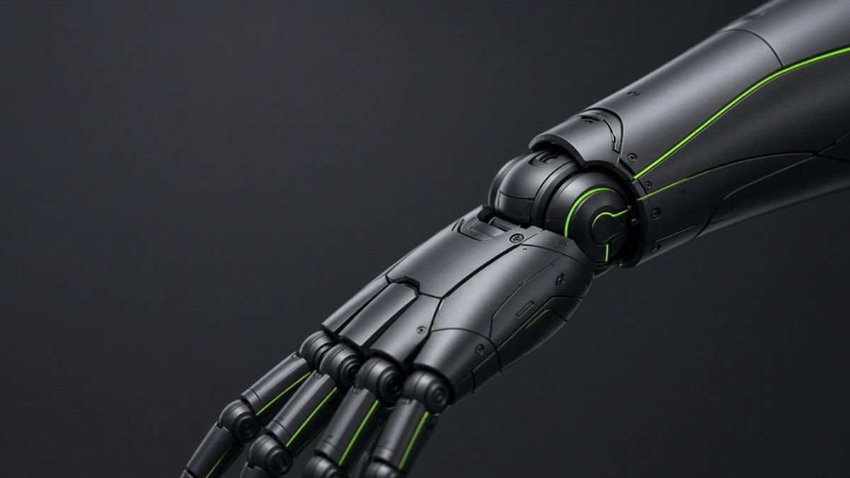 A matte charcoal robotic hand with lime accent lines