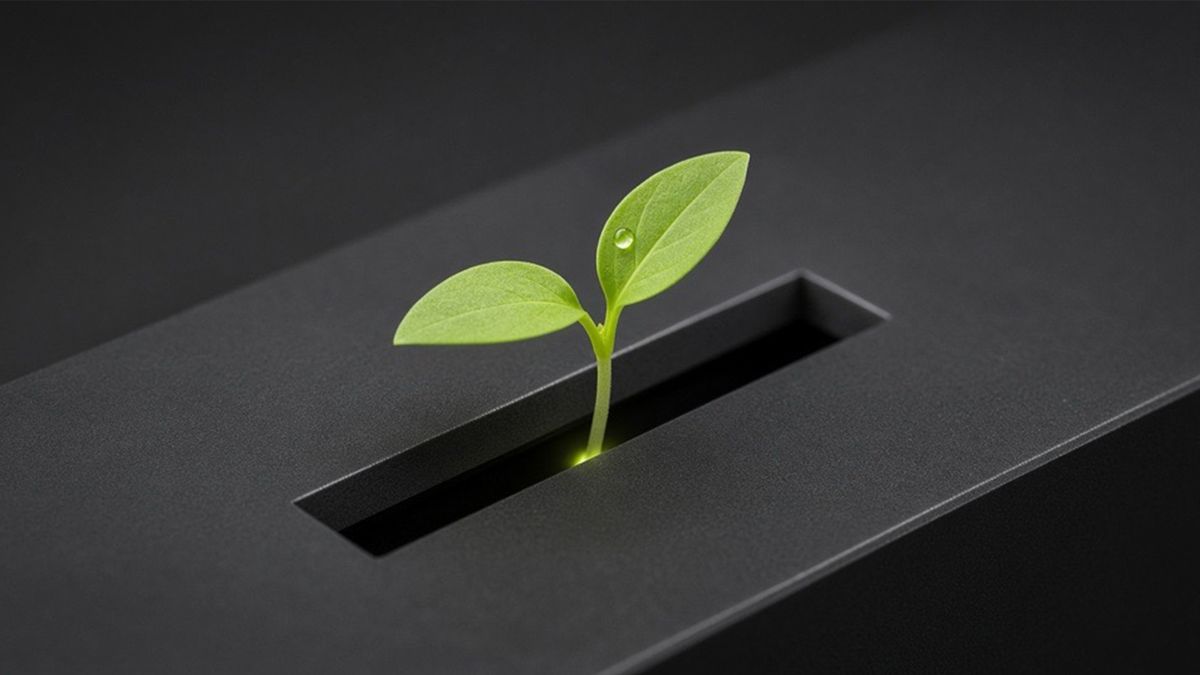 A seedling growing from a slot in a machined charcoal surface